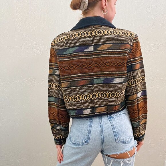 Vintage 1980s/90s Boho Woven Cotton Tapestry Crop Blazer Jacket - Picture 4 of 6